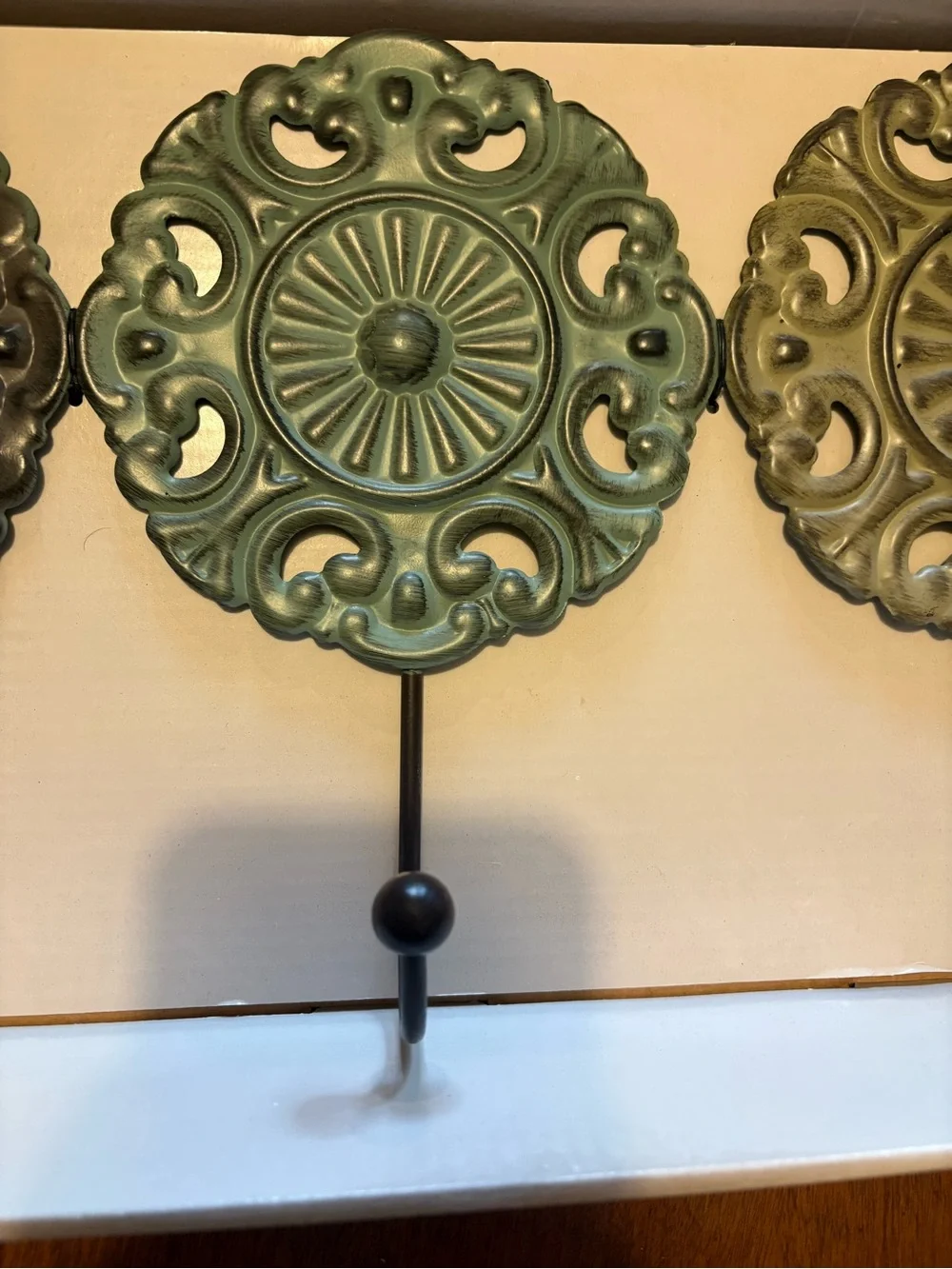 Ornate Triple Wall Hooks in Green and Bronze Finish
